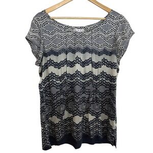 Cabi 100% Silk Lace Print Blouse Navy Ivory Cap Sleeve Quiet Luxury Career XL